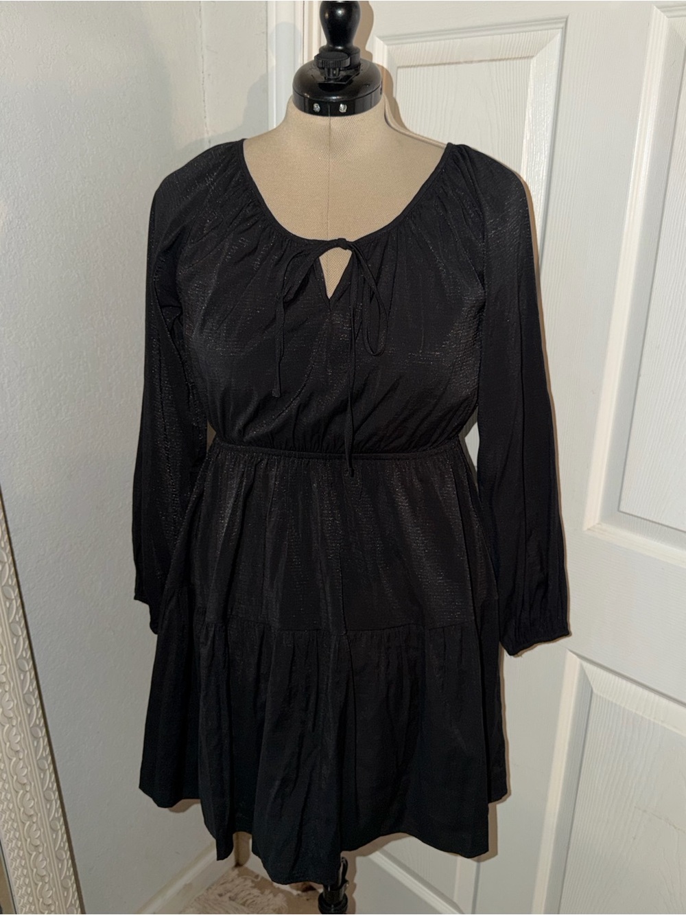 Umgee Black Tie-Neck Tiered Mini Dress